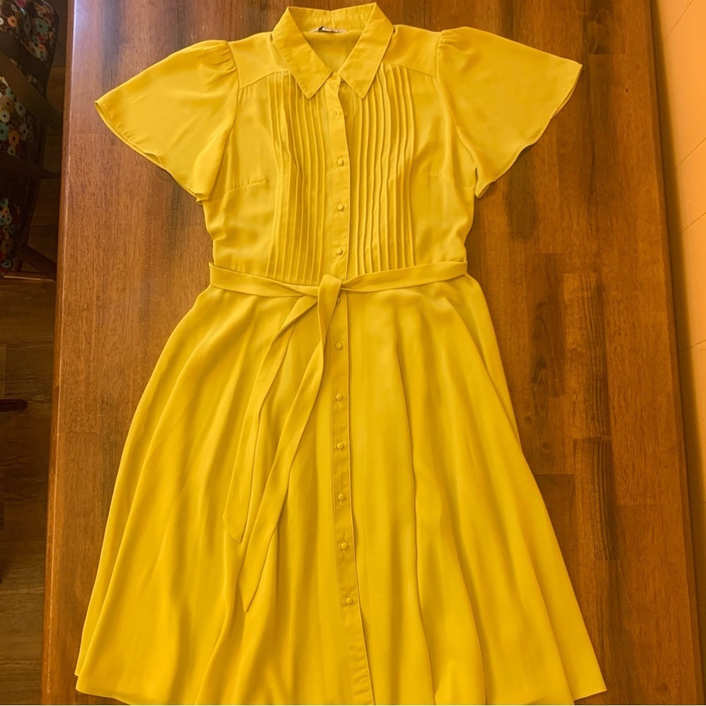 Nanette Lepore Midi Dress Womens Sz 2 Yellow Crepe Pleated Flowy Belted …